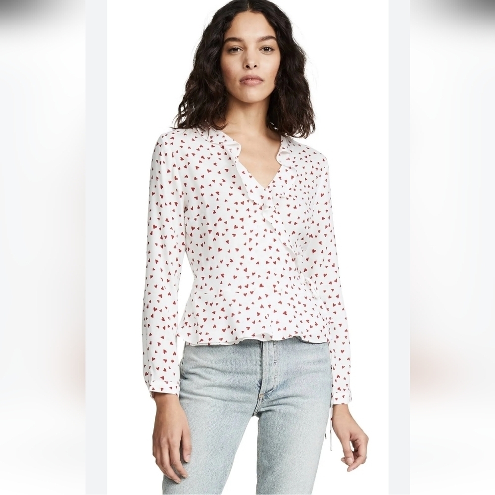 RAILS Simone Smitten Hearts Print Ruffled Wrap Long Sleeves Blouse Size Small